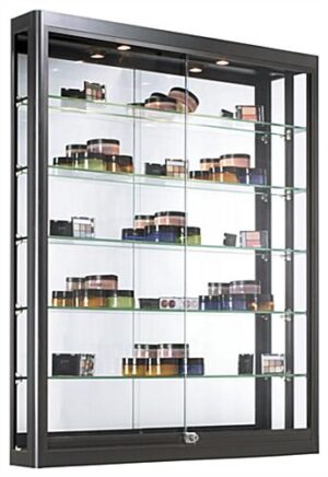 3×4 LED Wall Mounted Display Case w/Slider Doors, Mirror Back, Locking – Black